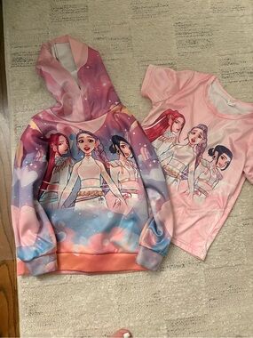 Hoodie and tee with K-pop graphic on front and back of both